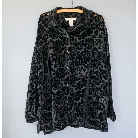CLOTHES Floral Rose Burnout Velvet Button Up Top 2X Ease Witchy Whimsigoth Loose - Picture 6 of 13